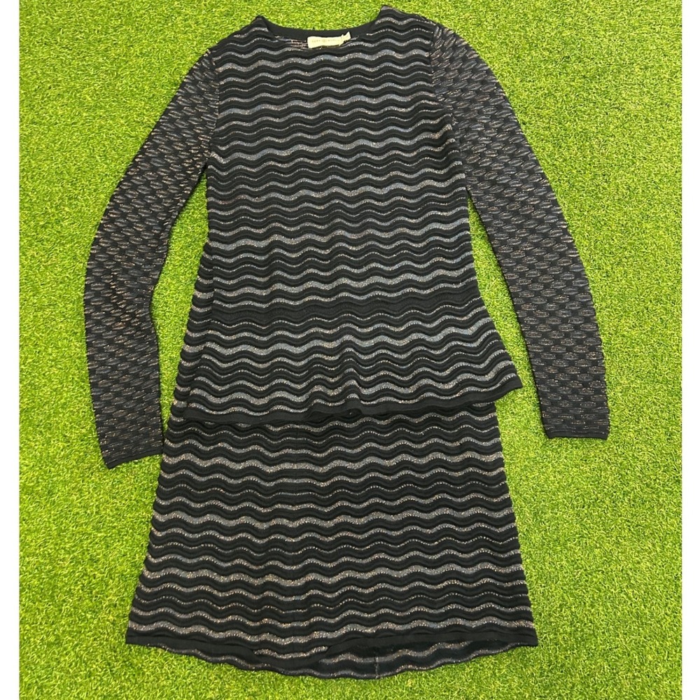 Tory Burch Black Metallic Wavy Knit 2 Piece Skirt Set Long Sleeve Top Small